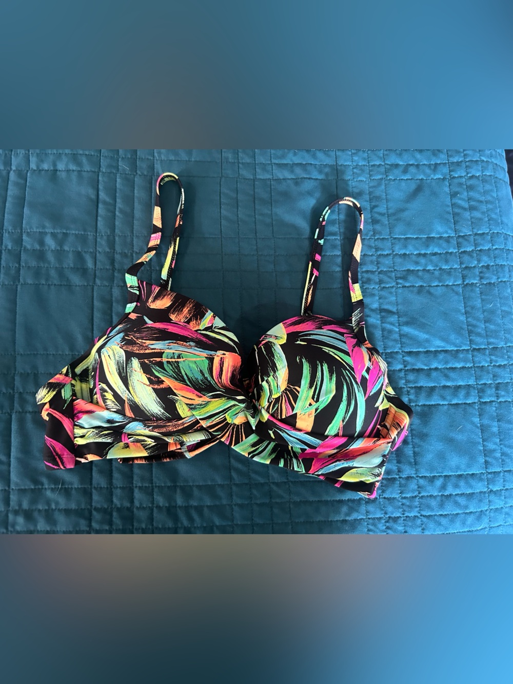 Tropical Feather Print Bikini Top - Bright Multicolor on Black